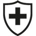 black and white icon of a plus sign within a shield